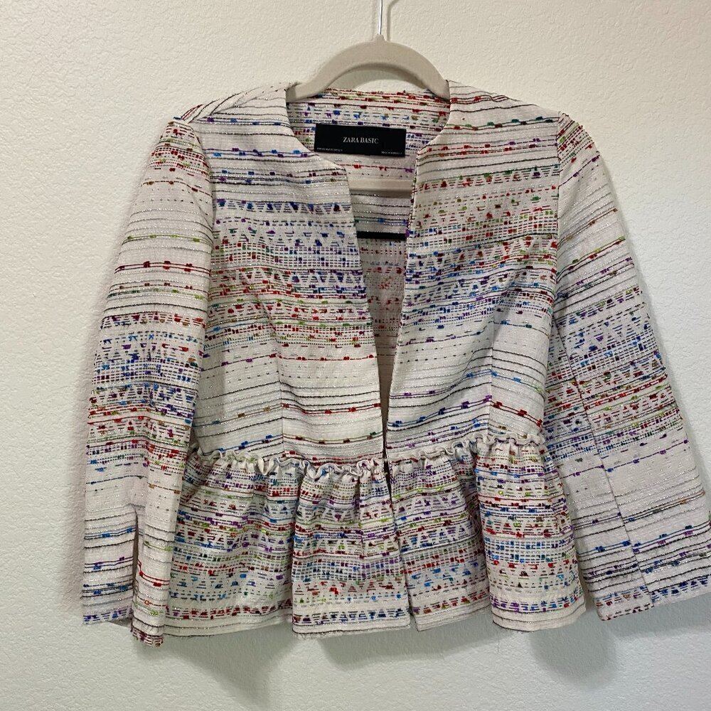 Zara Basic White Multi Metallic Peplum Blazer XS - image 2